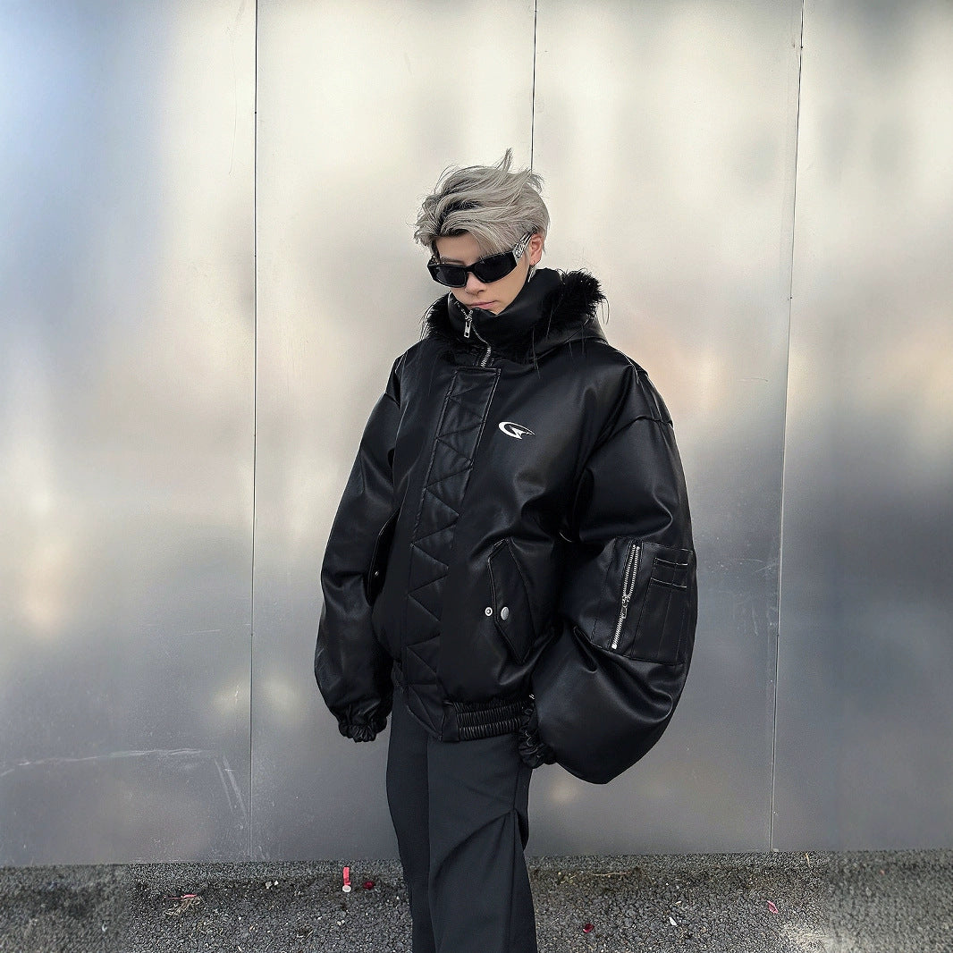 PU Leather Hooded Coat Jacket Warm And Loose Top