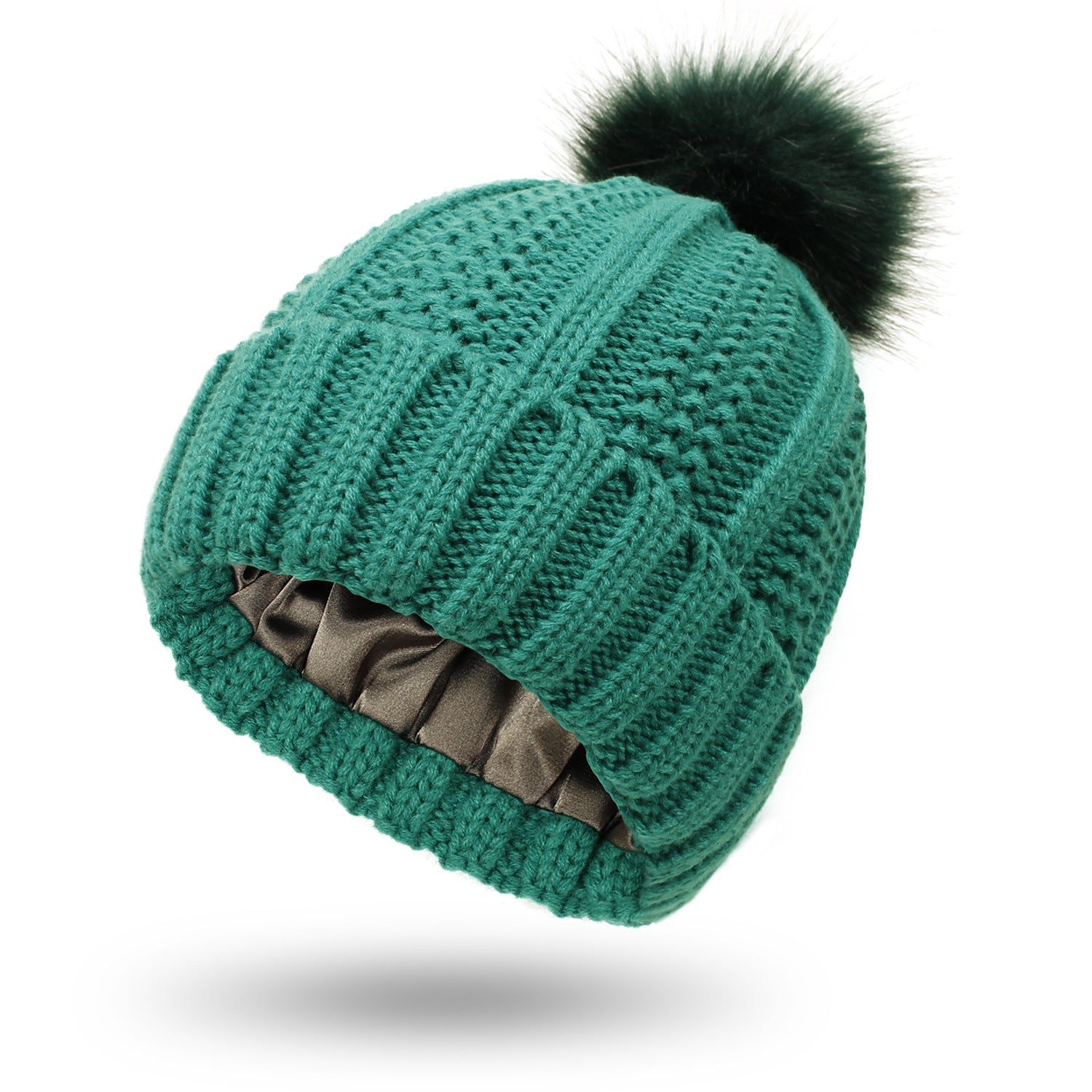 Winter Knitted Hats Fashion Stretchy Lined Skull Hats for Women Faux Fur Pompom Hat Keep Warming Beanie Hat