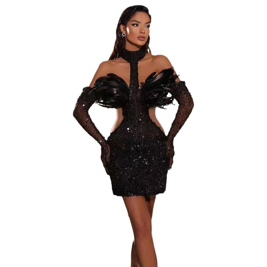 Dress Halter Feather Sequins Short Hip Skirt with Gloves Dress for women