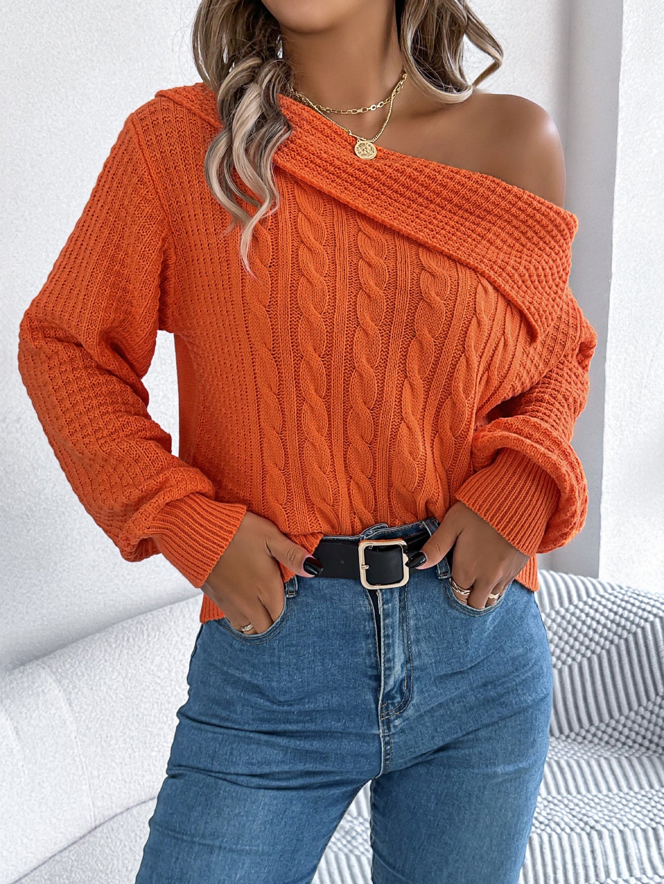 Women Casual Sexy Lapel Off-Shoulder Cable Knit Long Sleeve Pullover Sweater