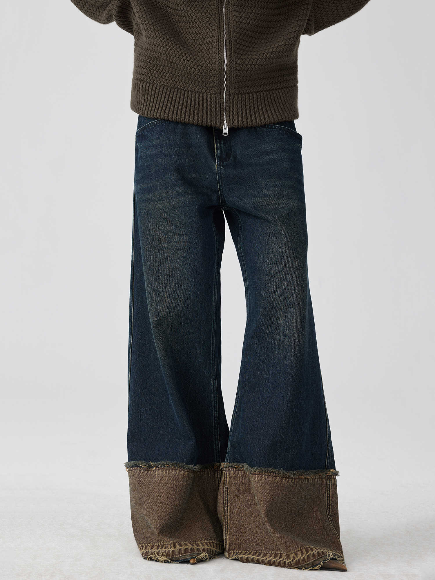 Brown Blue Nano Water Foot Washing Mouth Reverse Stitching Raw Hem Jeans