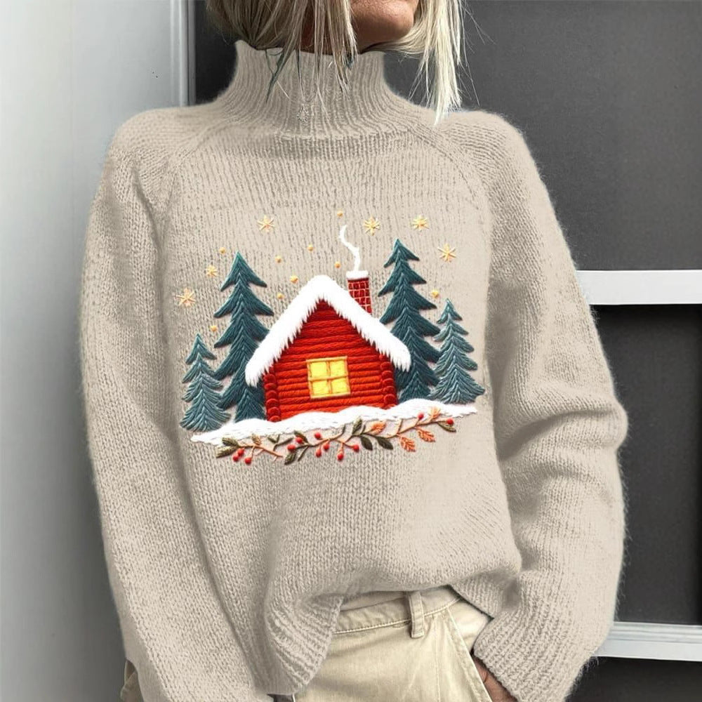 Autumn Winter Christmas Long-Sleeve Turtleneck Hoodie with Lapel Collar