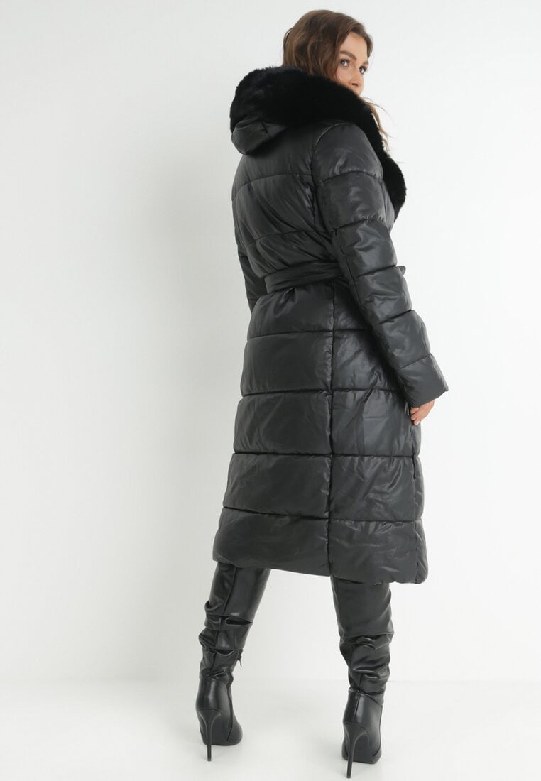 Women's winter coat long puffer jacket in black color for women with belt and