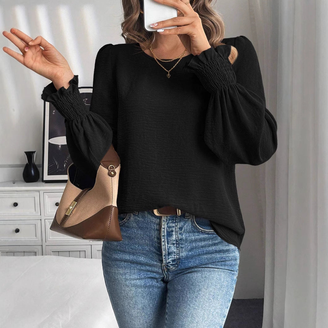 Casual Round Neck Solid Color Lantern Sleeve Shirt For Women