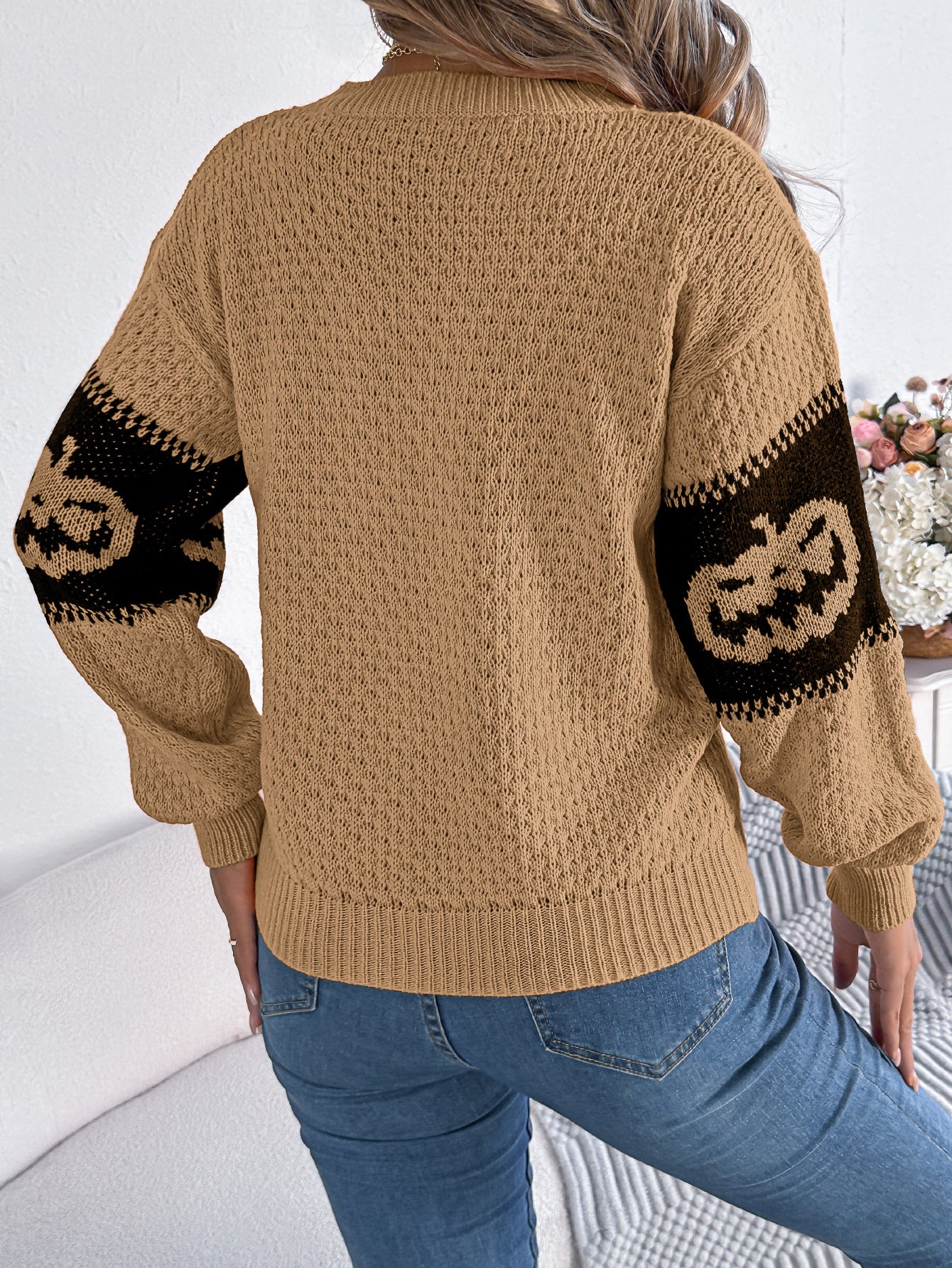 Women Pumpkin Head Color Block Long Sleeve Pullover Sweater