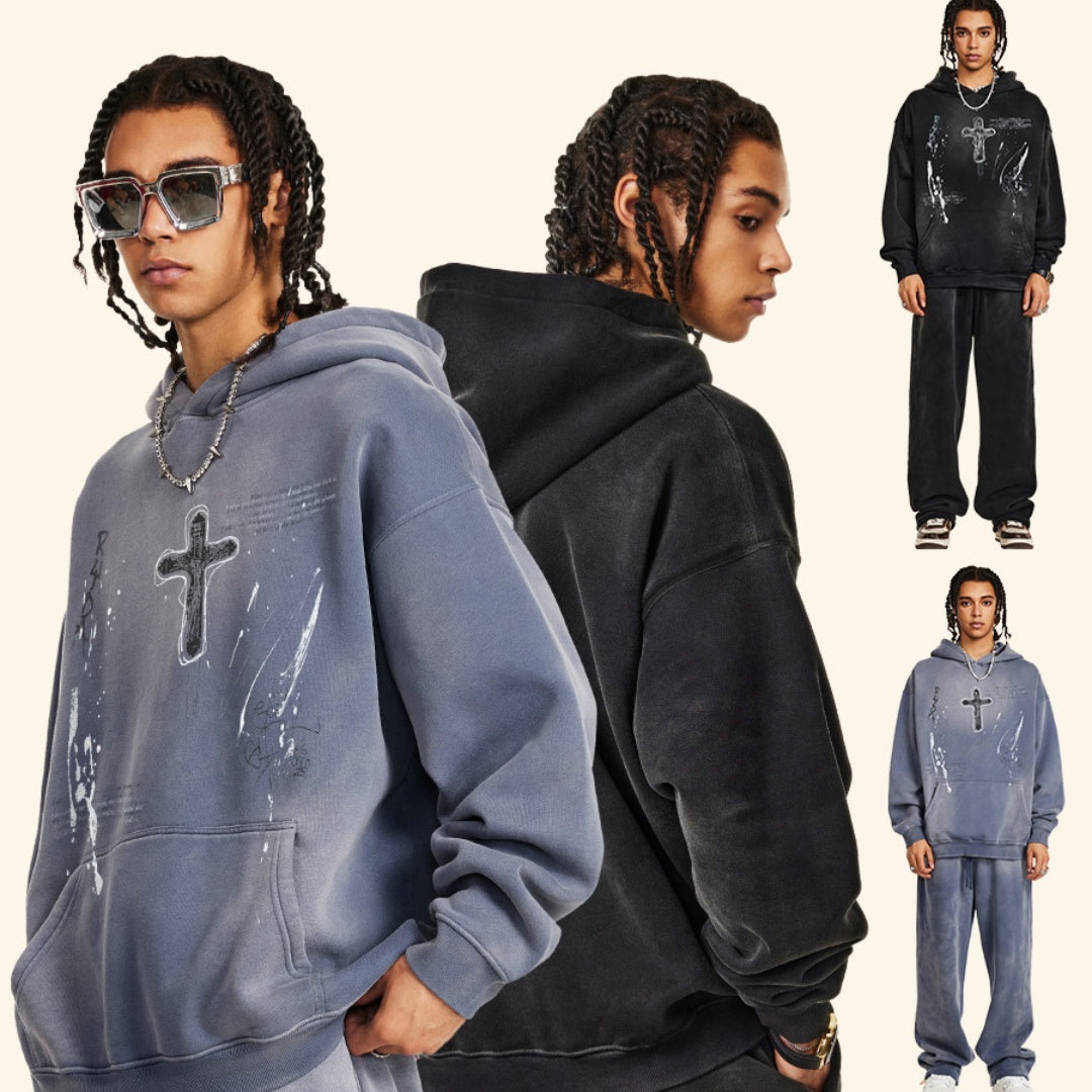 Men's Loose Street Hand-painted Couple Wear Hooded Sweater GOD's cross