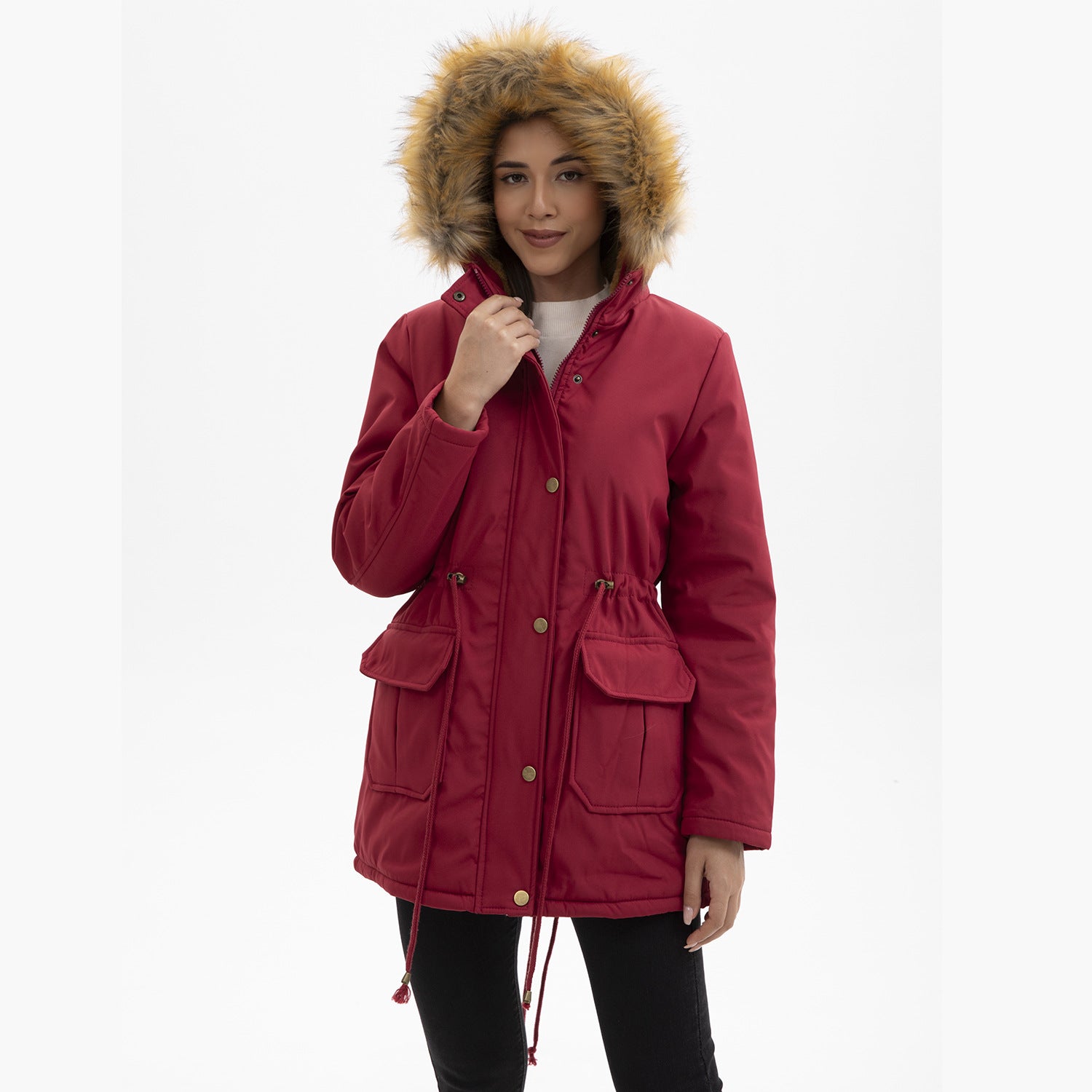 Hooded Women's Mid-Length Padded Coat with Fur Collar and Defined Waist