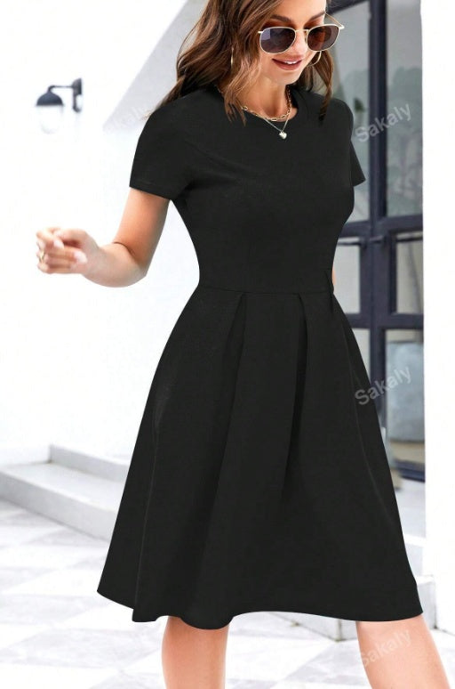 Solid Slant Pocket Fold Pleated Dress