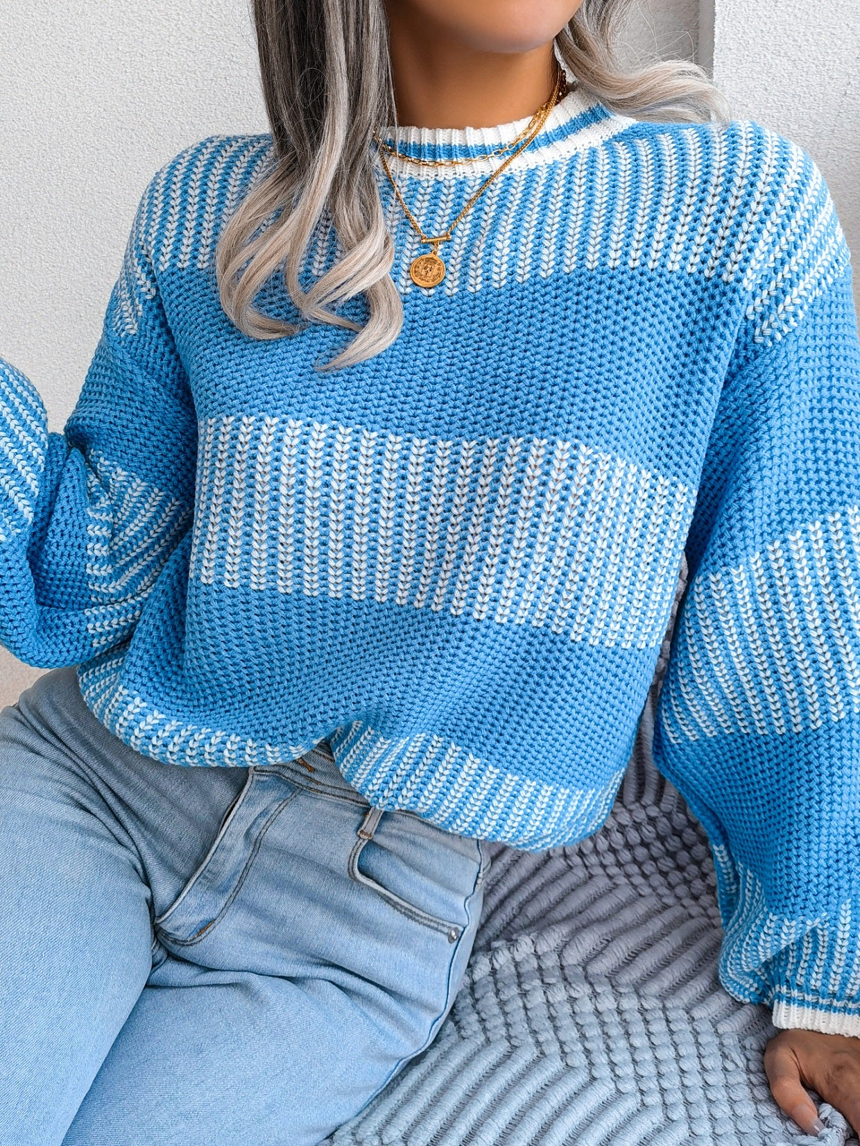 Women Casual Color Block Stripe Long Sleeve Knit Sweater