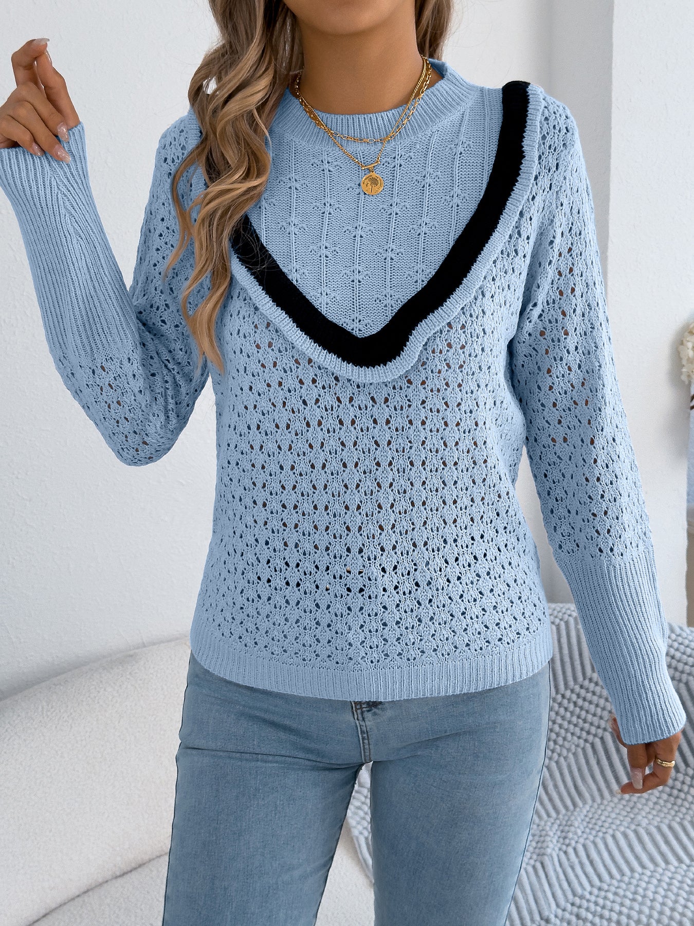 Women Ruffled Long Sleeve Pullover Sweater