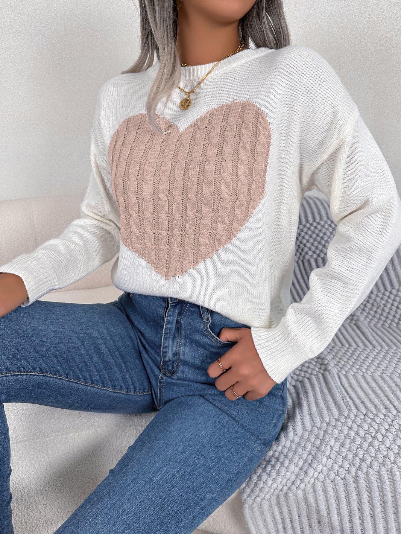 Women Cable Knit Heart Long Sleeve Pullover Sweater