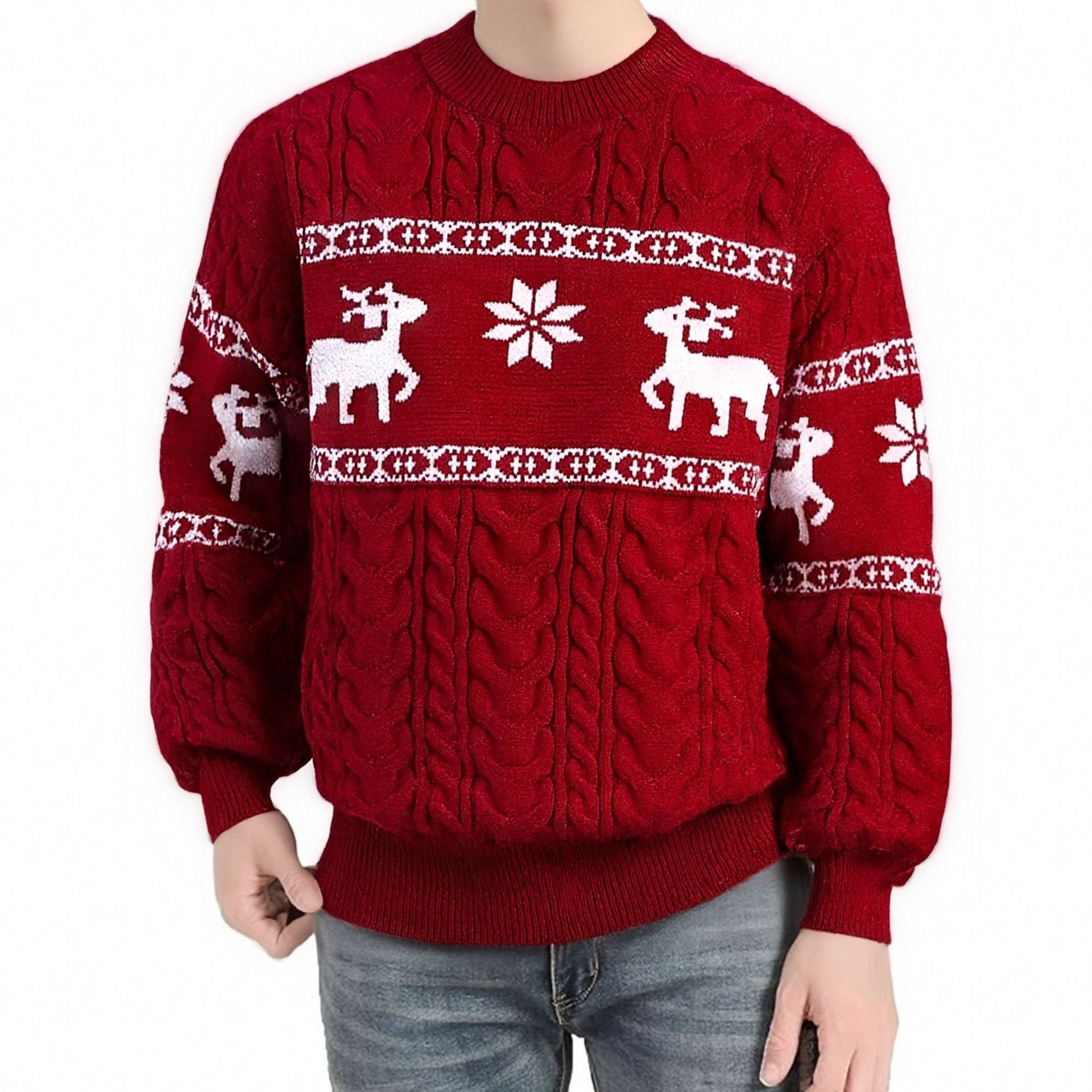 Winter Ugly Christmas Pullovers Sweater for Men Thick Warm Knitted Sweaters with Deer Christmas Holiday Round Neck Tops