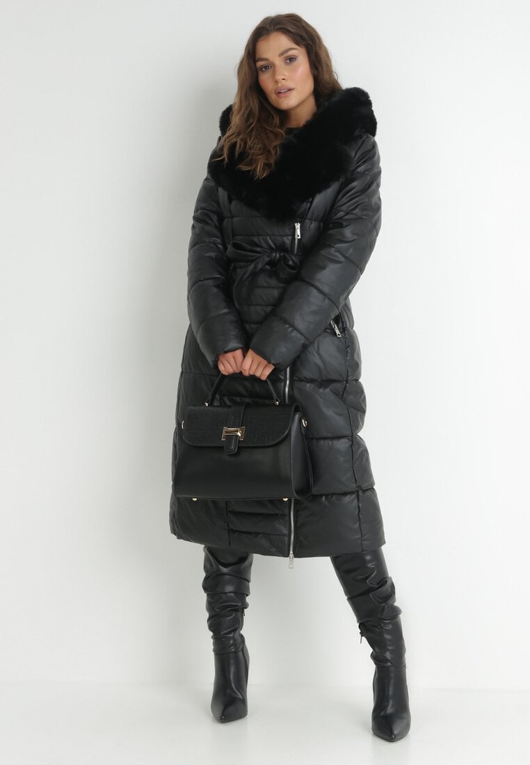 Women's winter coat long puffer jacket in black color for women with belt and