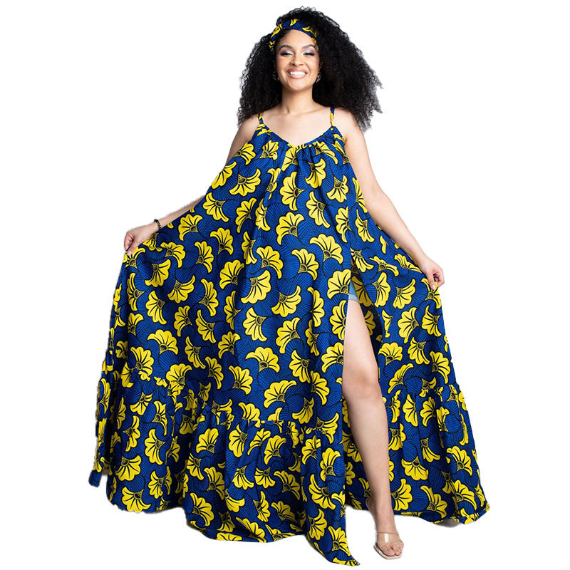African's Strap Printed Holiday Big Hem Oversize Dress