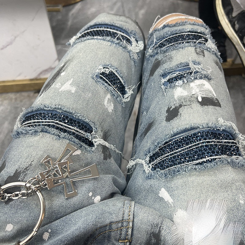 Handmade Splash-ink Blue Diamond Ripped Jeans for men
