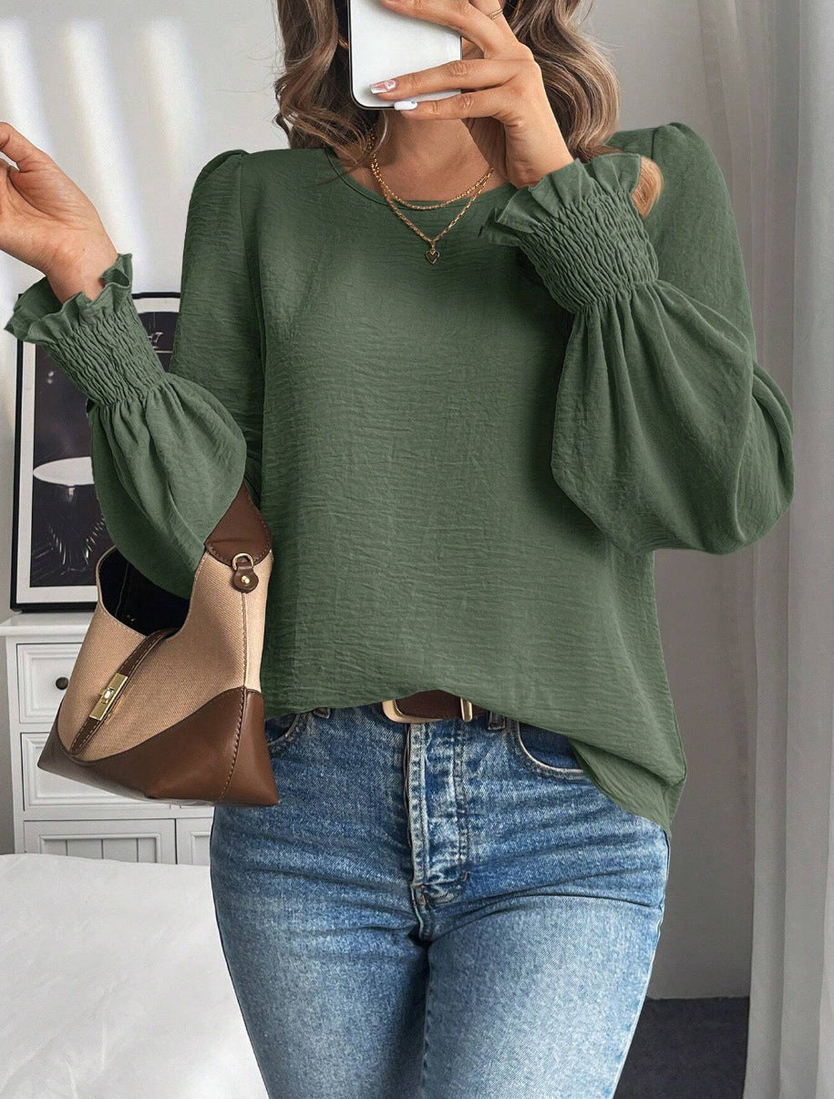 Casual Round Neck Solid Color Lantern Sleeve Shirt For Women