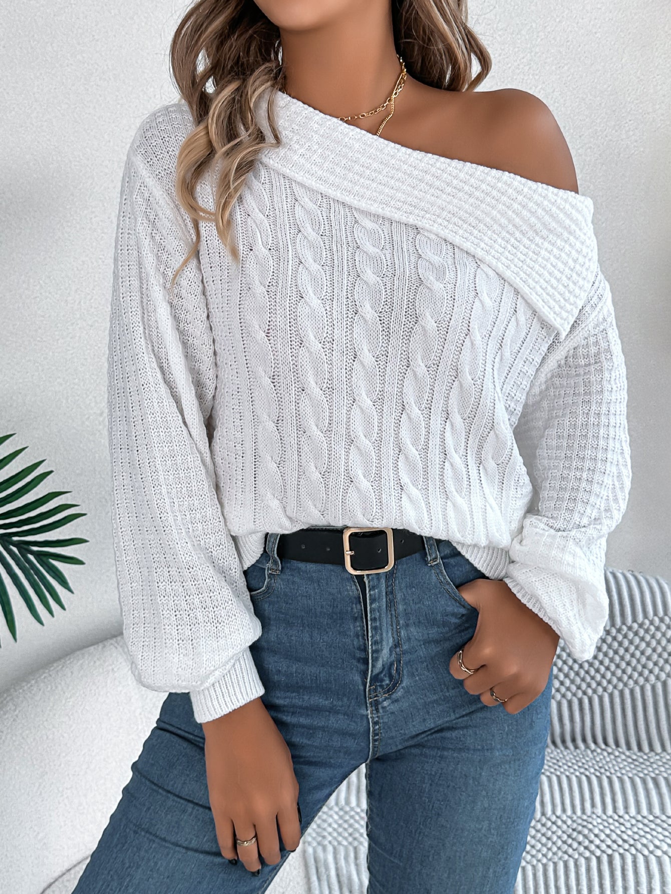 Women Casual Sexy Lapel Off-Shoulder Cable Knit Long Sleeve Pullover Sweater