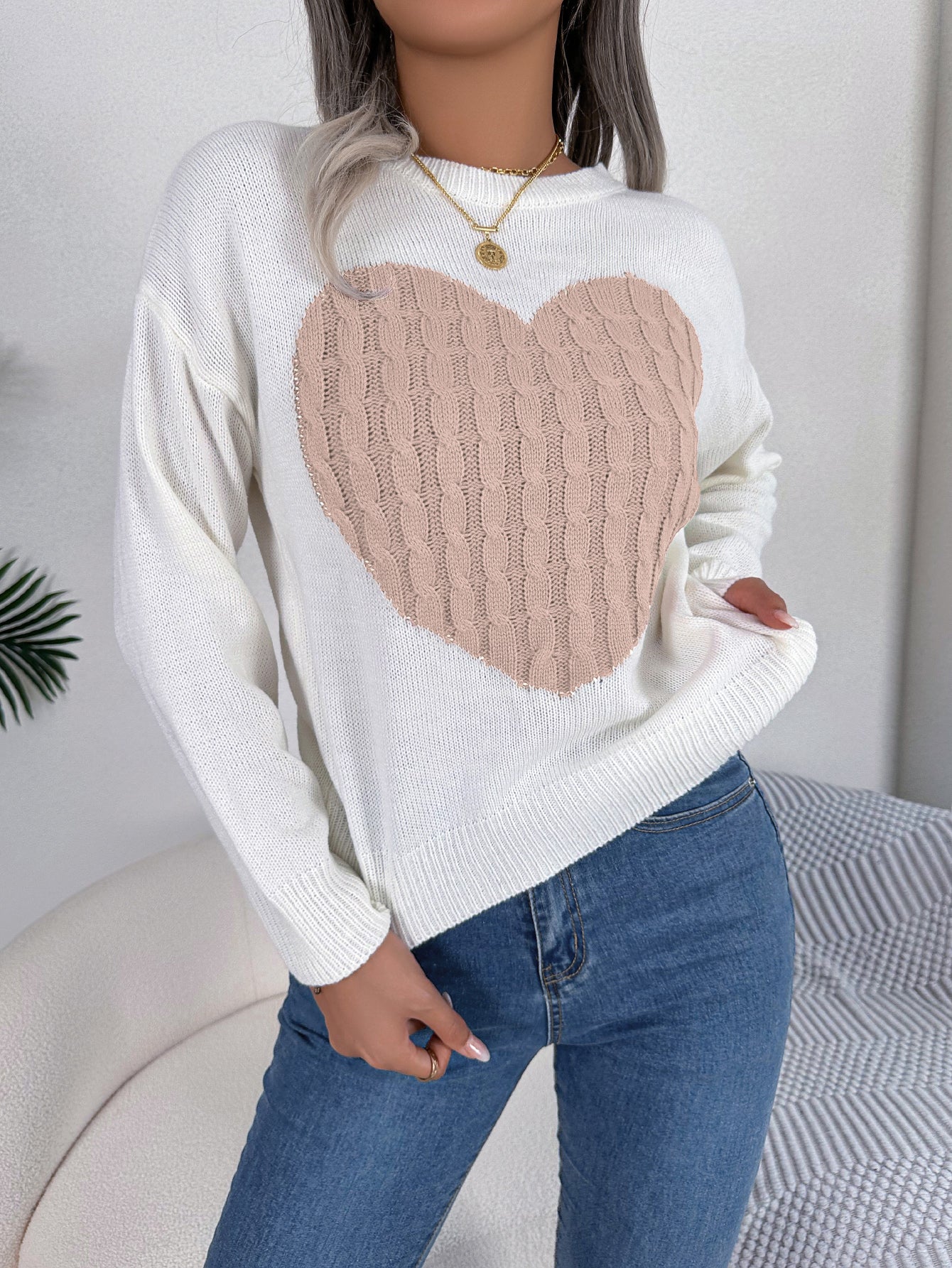 Women Cable Knit Heart Long Sleeve Pullover Sweater