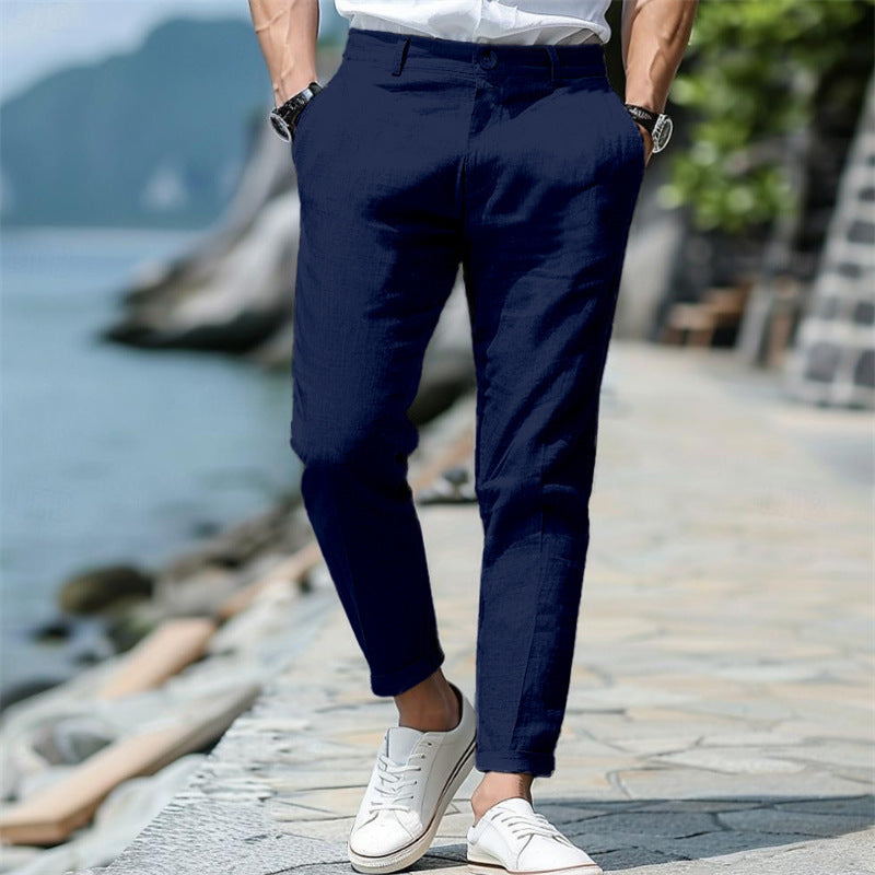 Men's Linen Summer Button Front Slant Pocket Straight-leg Trousers