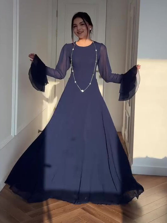 Navy Blue Trumpet Sleeve Tie Maxi Dress for women