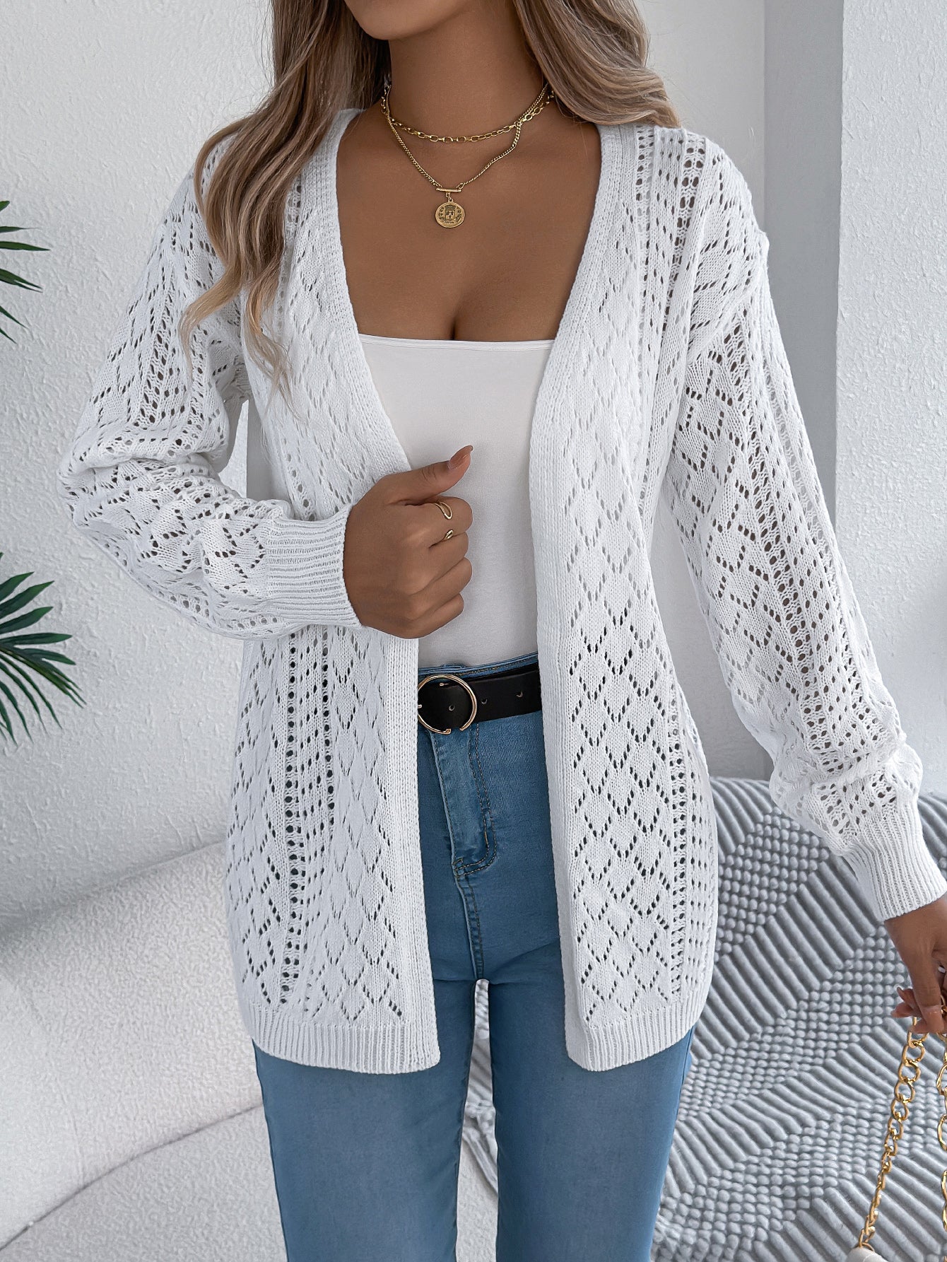 Women Hollow Out Lantern Sleeve Long Sleeve Cardigan Sweater Coat