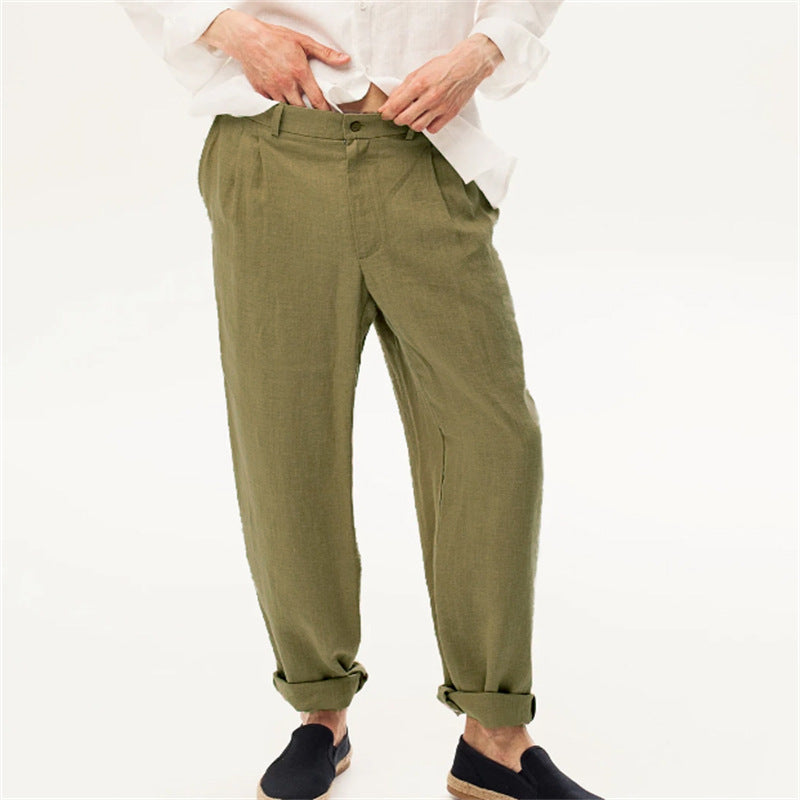 Linen Front Dart Diagonal Pocket Loose Straight Casual Breathable Trousers for men