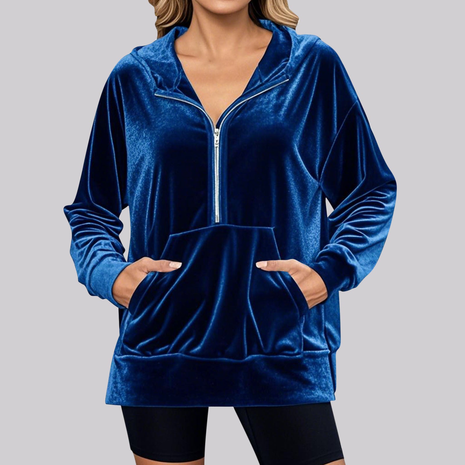 Loose Long Sleeve Zipper Pocket Pleached Top Women