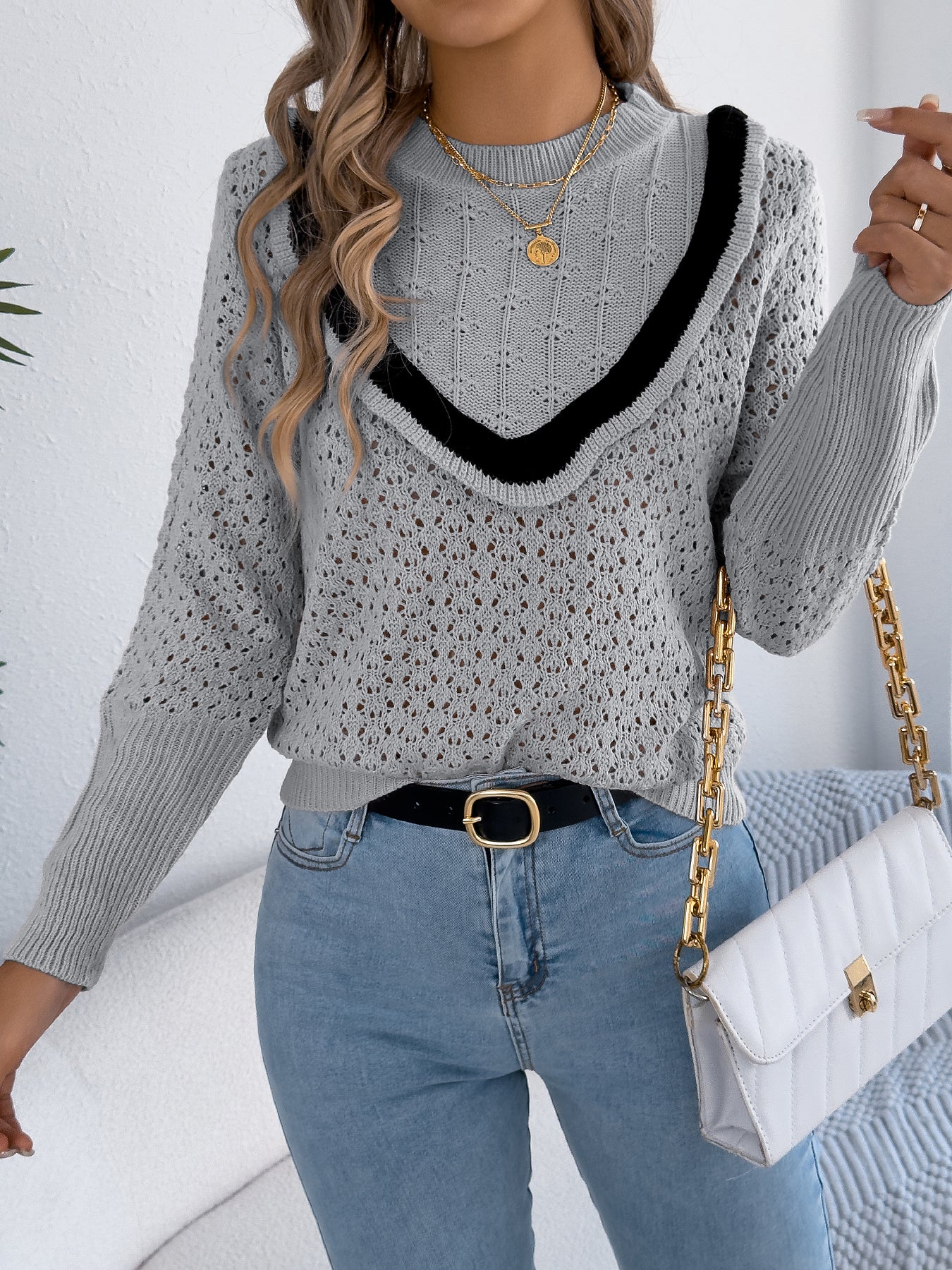 Women Ruffled Long Sleeve Pullover Sweater