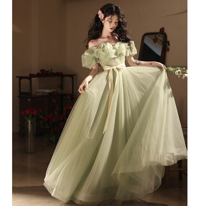 Green Off-shoulder Evening High-end Affordable Luxury Niche Dress
