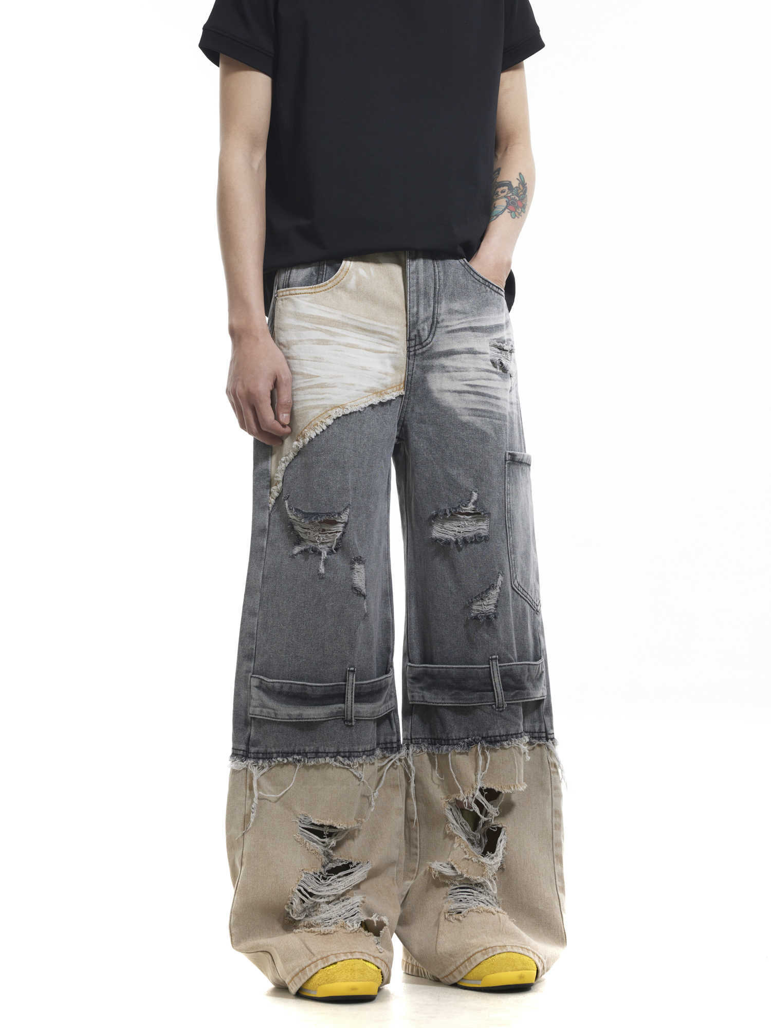 Niche Heavy Industry Washed Damaged Stitching Oversize Jeans for men