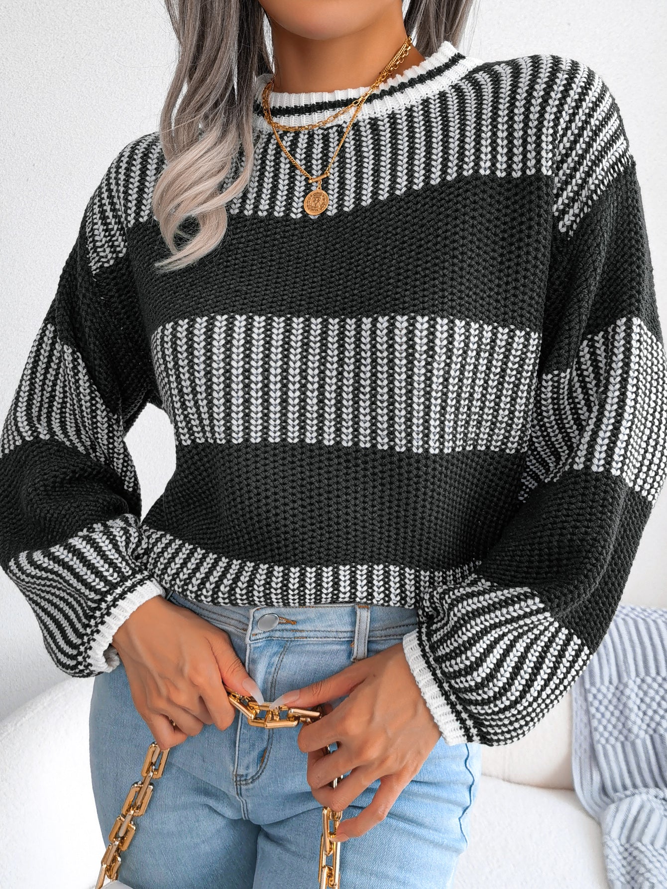 Women Casual Color Block Stripe Long Sleeve Knit Sweater