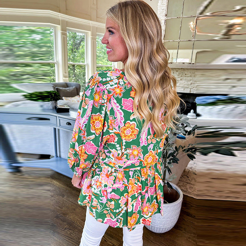 Loose Slim Fit V-neck Spring Floral Print Pullover Top