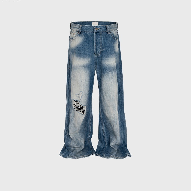 Wide Leg Brushed White Ripped Washed Distressed Frayed Blue Jeans
