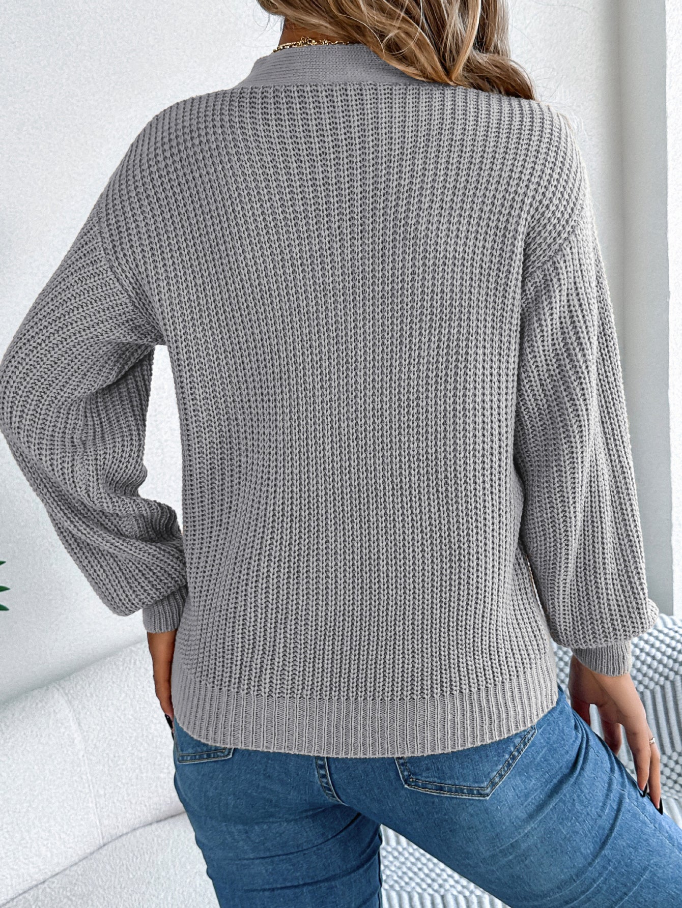 Women Casual Hollow Out V-Neck Cable Knit Lantern Sleeve Pullover Sweater