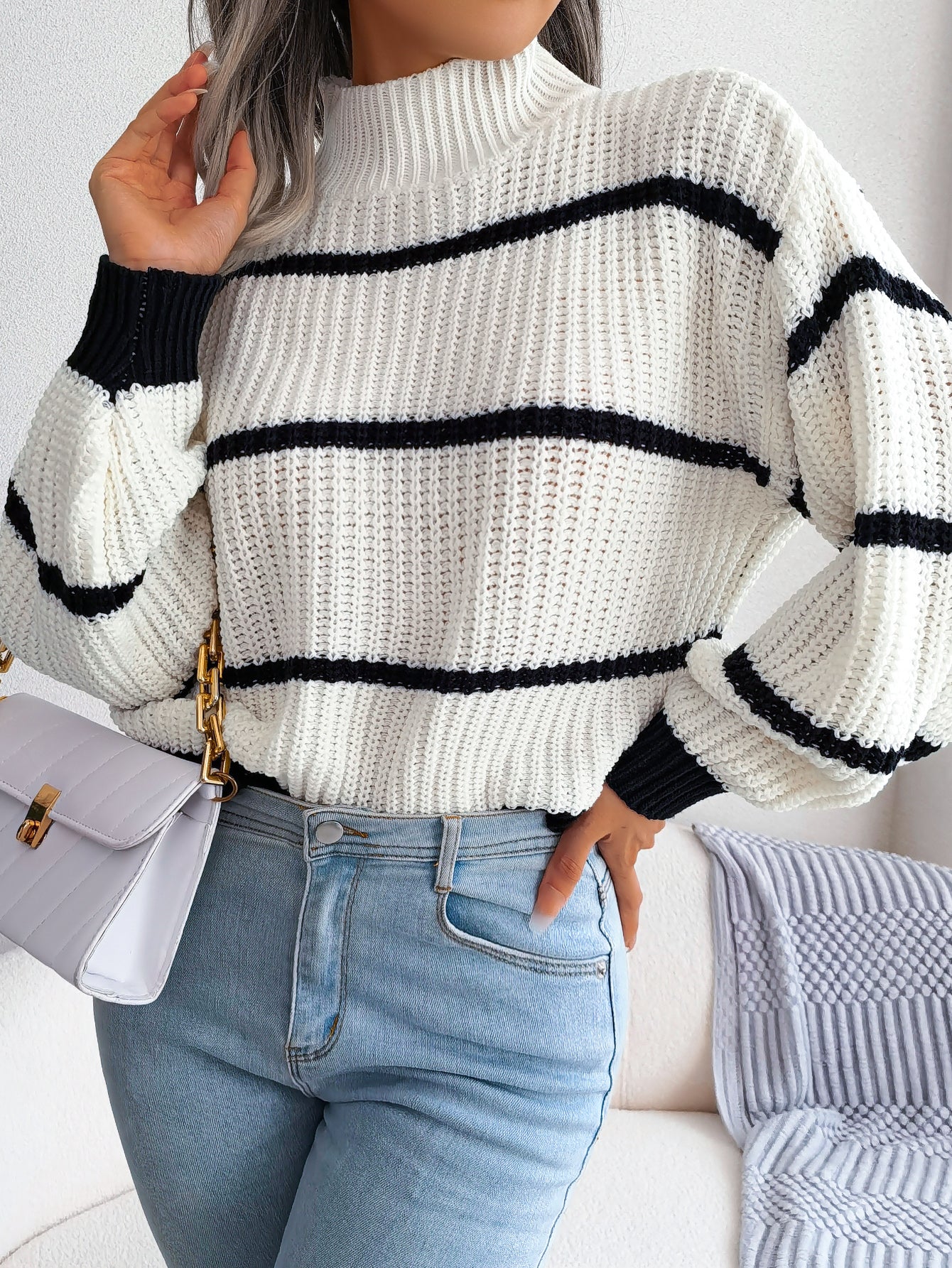 Women Casual Striped Lantern Sleeve Half Turtleneck Knit Sweater