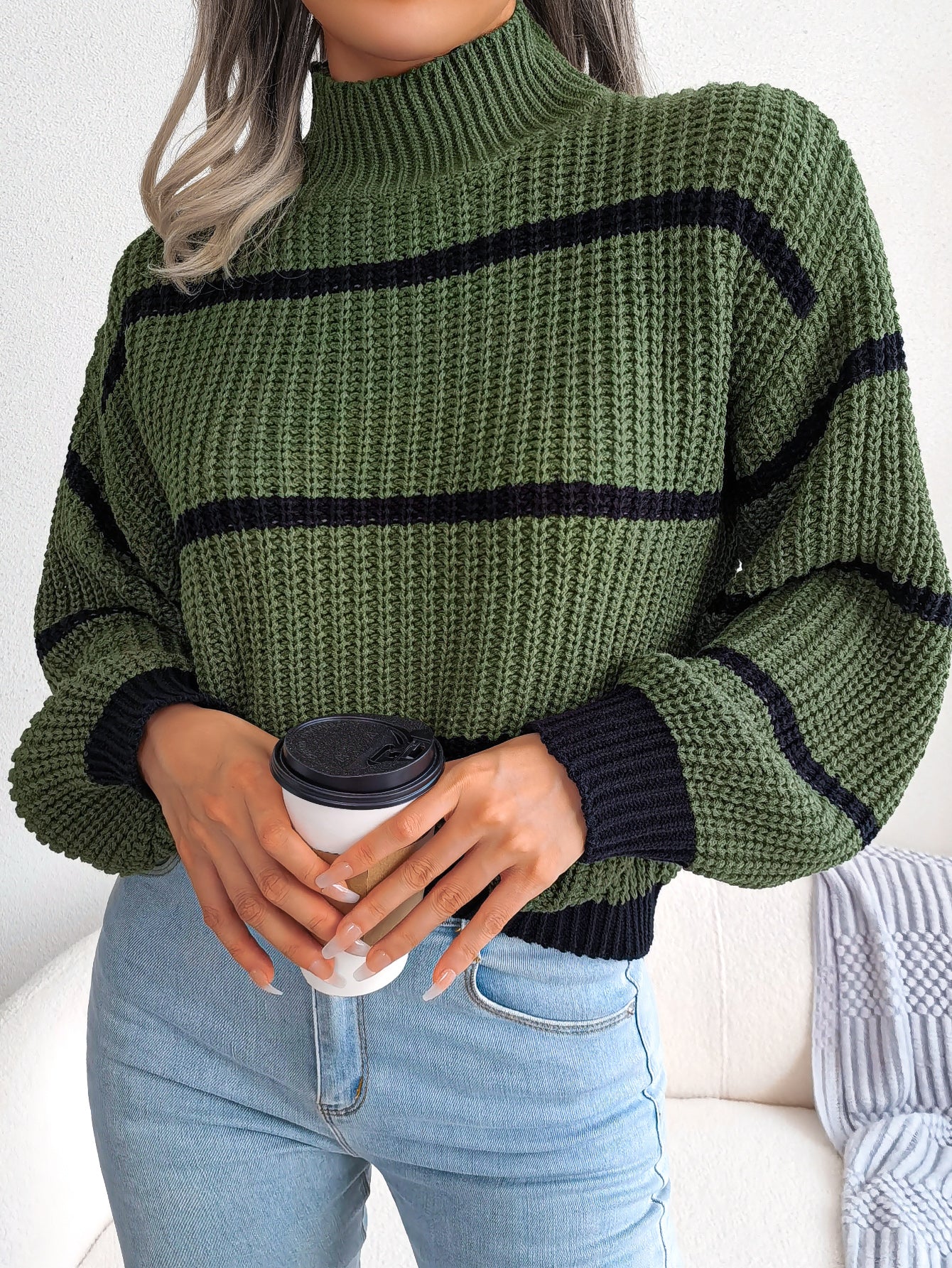 Women Casual Striped Lantern Sleeve Half Turtleneck Knit Sweater