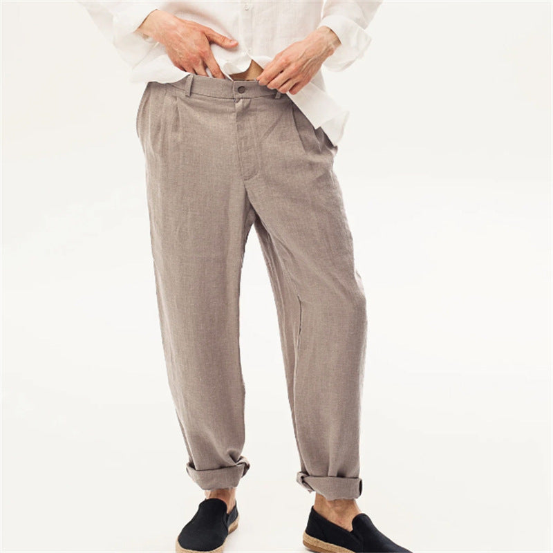 Linen Front Dart Diagonal Pocket Loose Straight Casual Breathable Trousers for men