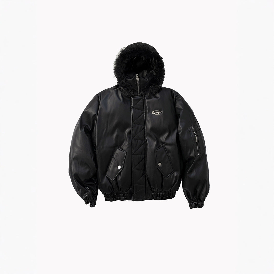 PU Leather Hooded Coat Jacket Warm And Loose Top