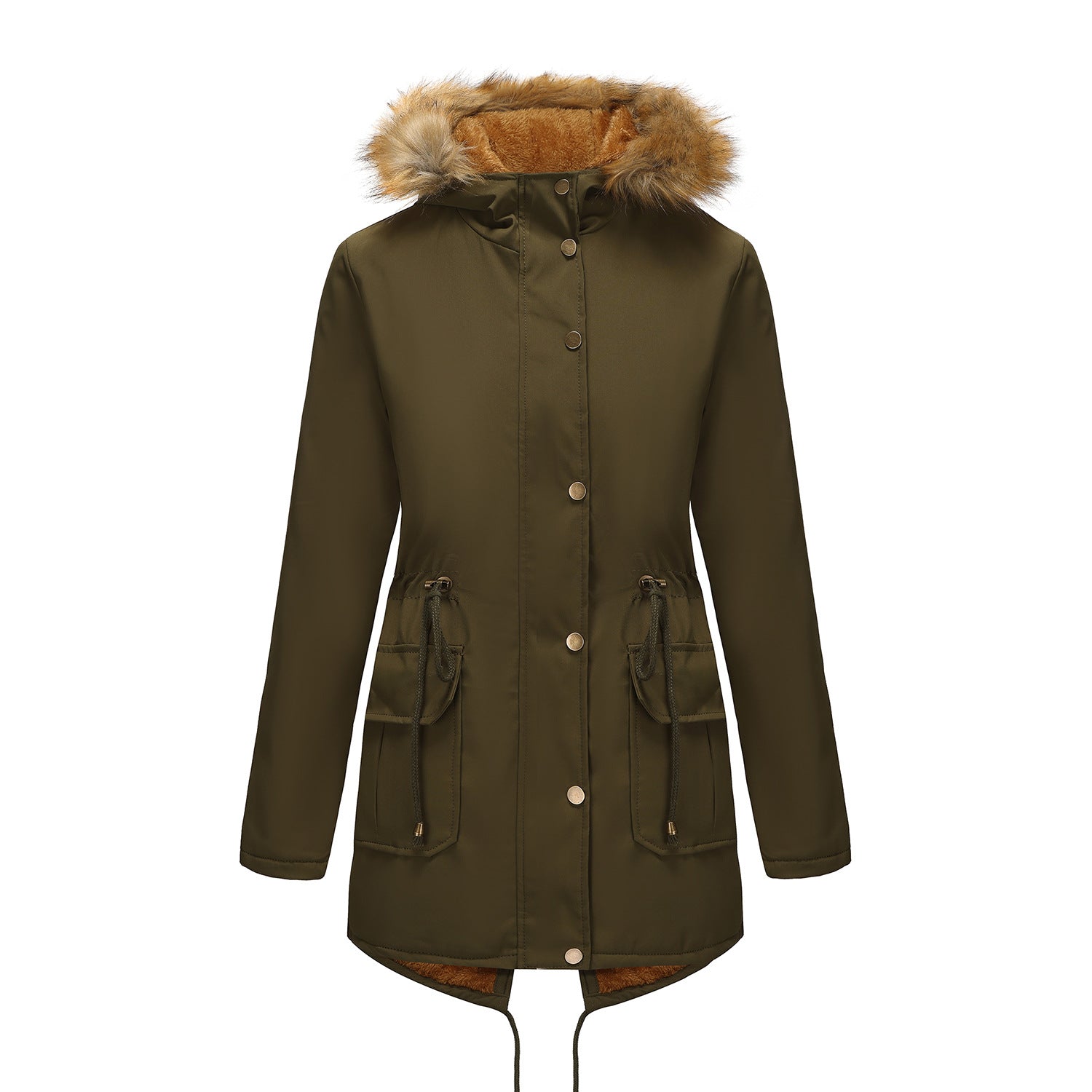 Hooded Women's Mid-Length Padded Coat with Fur Collar and Defined Waist