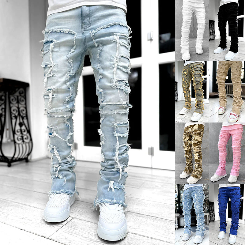 Ins Fringes Ripped Trousers Individual Patched Pants Long Tight Fit Stacked Jeans for Men Clothing