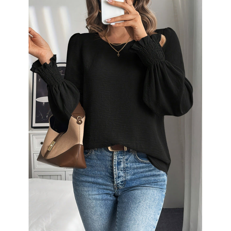 Casual Round Neck Solid Color Lantern Sleeve Shirt For Women