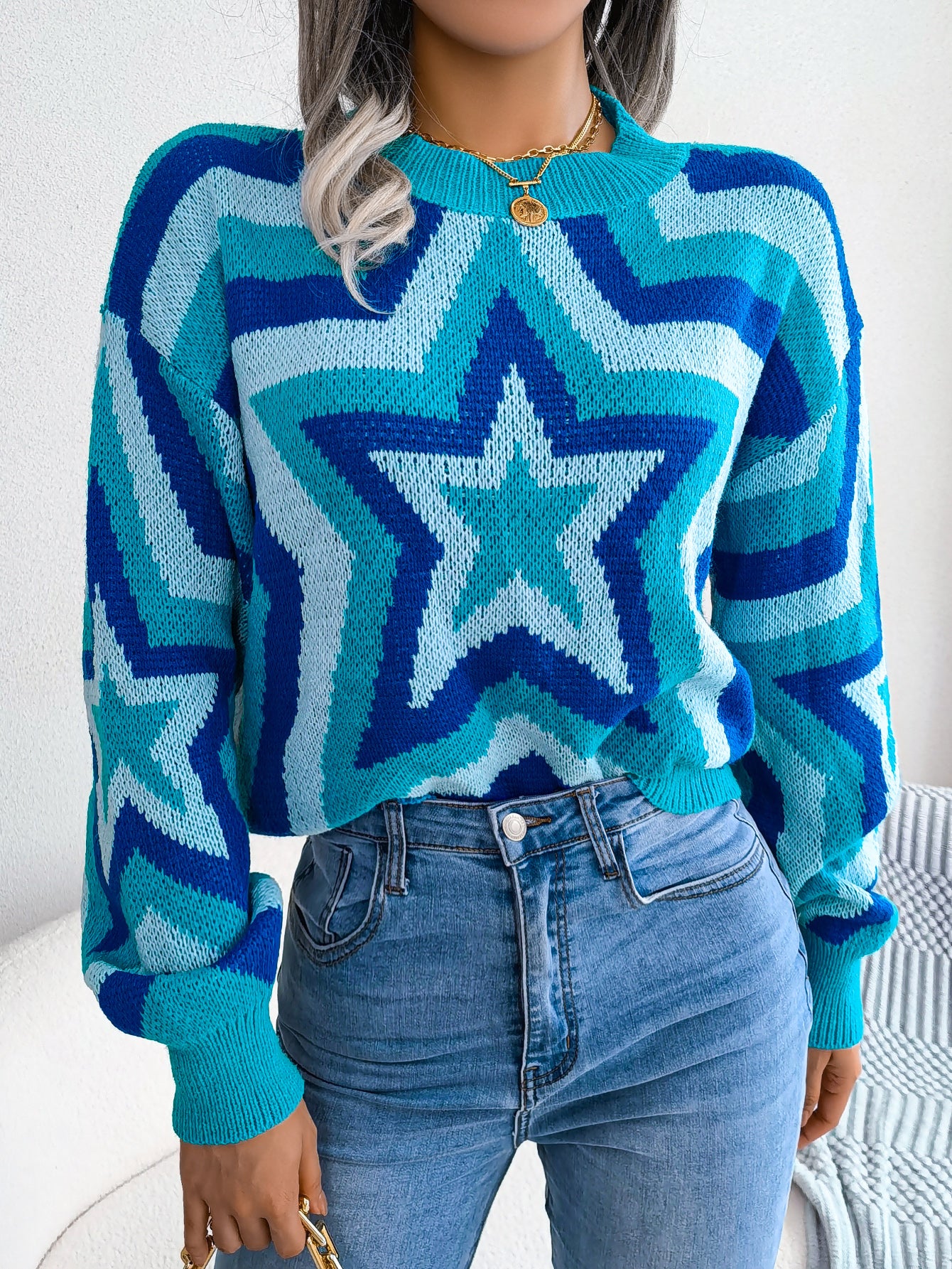 Women Fashion Color Block Star Long Sleeve Pullover Sweater