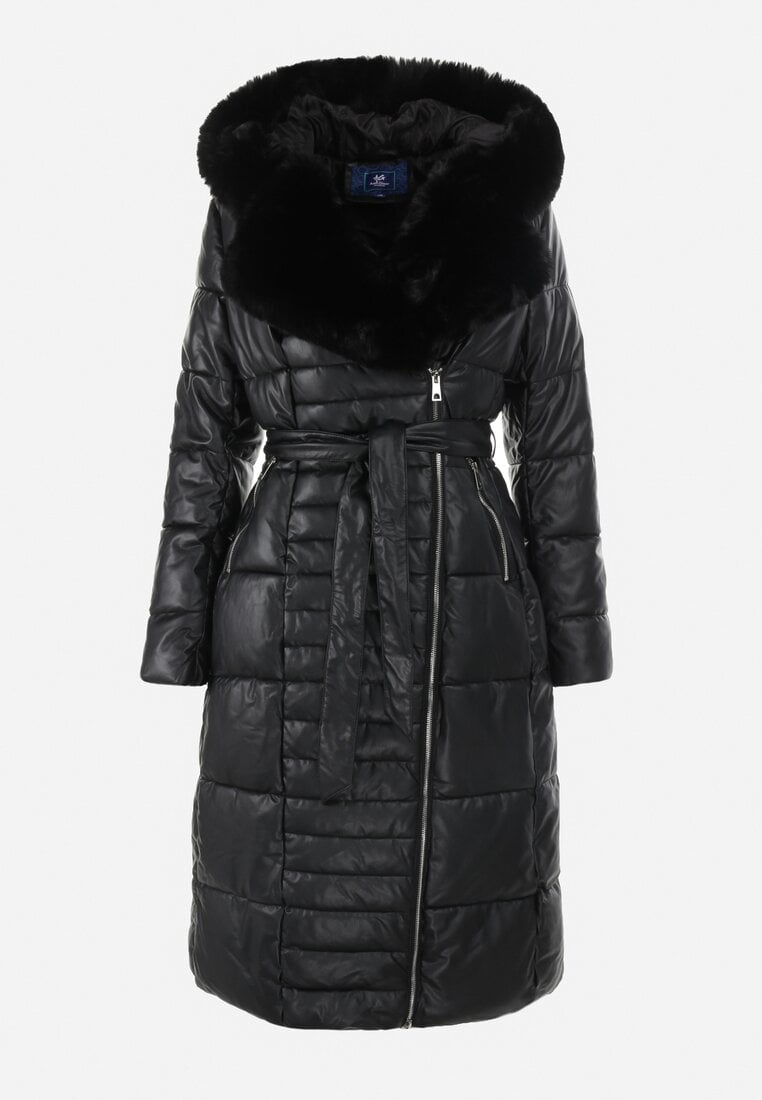Women's winter coat long puffer jacket in black color for women with belt and