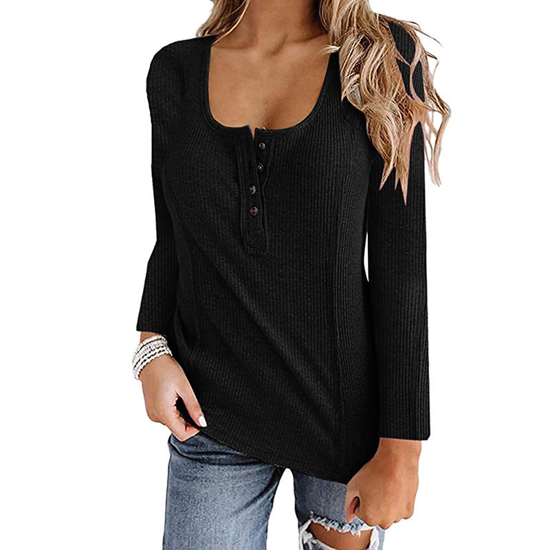 Button Solid Color Long-sleeved Top Female
