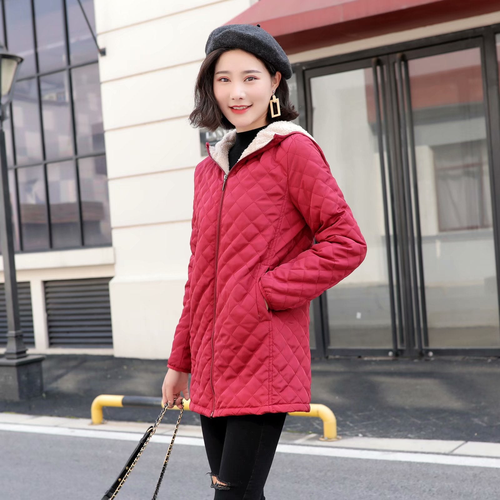 Plus-size Fleece-lined Padded Lambswool Puffer Jacket for women