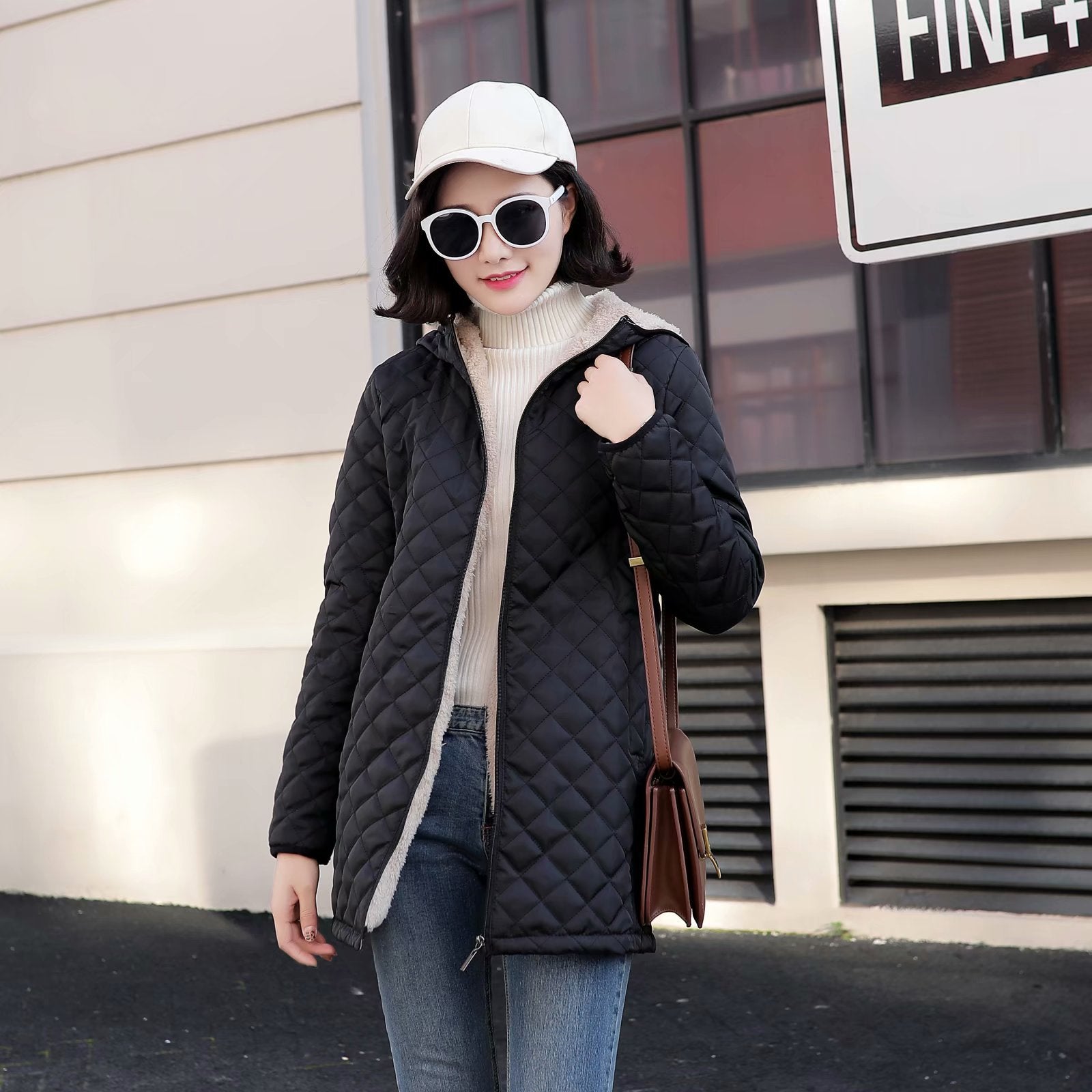 Plus-size Fleece-lined Padded Lambswool Puffer Jacket for women