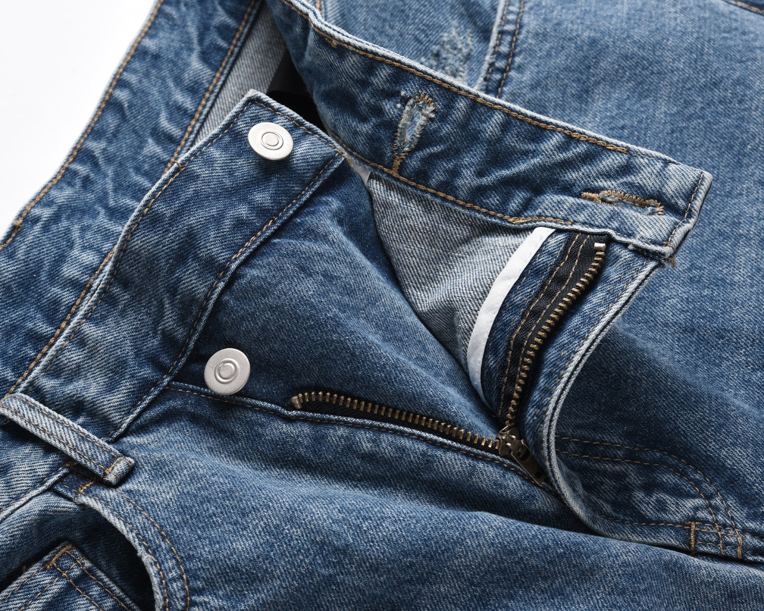 Slant Placket Straight-leg Pants Washed Distressed Casual Jeans for men