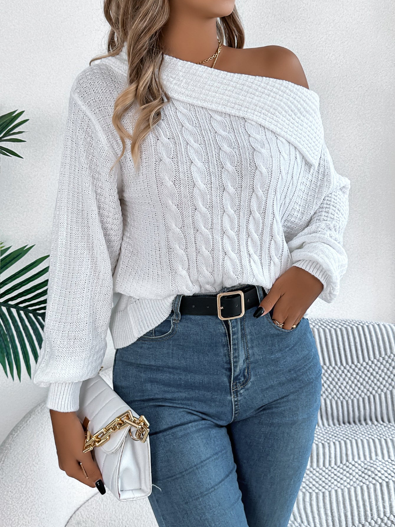 Women Casual Sexy Lapel Off-Shoulder Cable Knit Long Sleeve Pullover Sweater