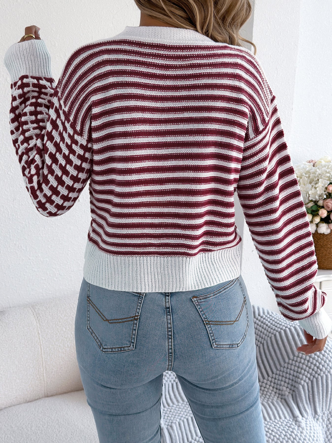 Women Color Block Stripe Lantern Sleeve Short Cardigan Sweater