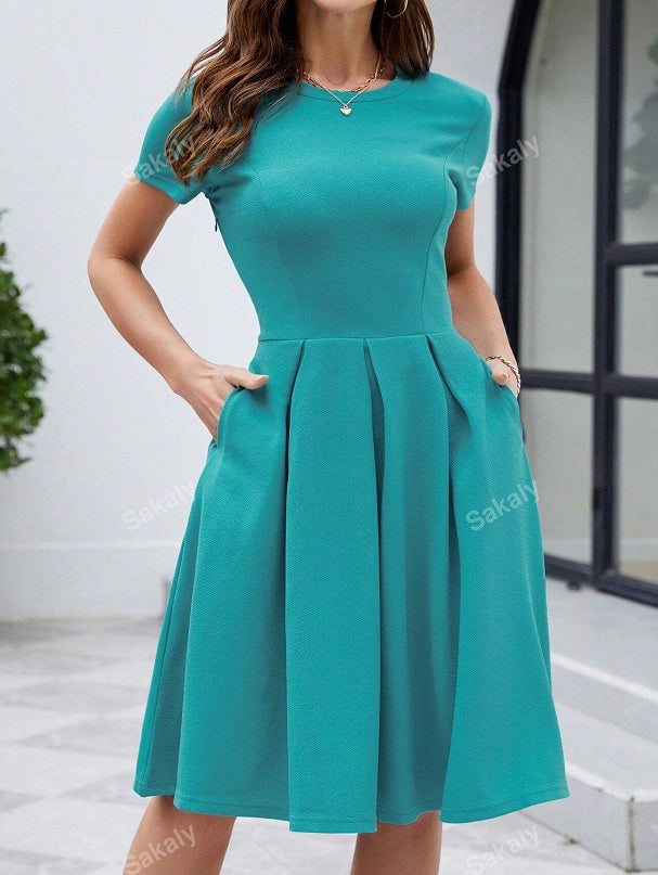 Solid Slant Pocket Fold Pleated Dress
